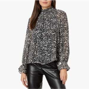 SANCTUARY Better Still Smocked Blouse Ruffle Mock Neck Animal Print Black Size L